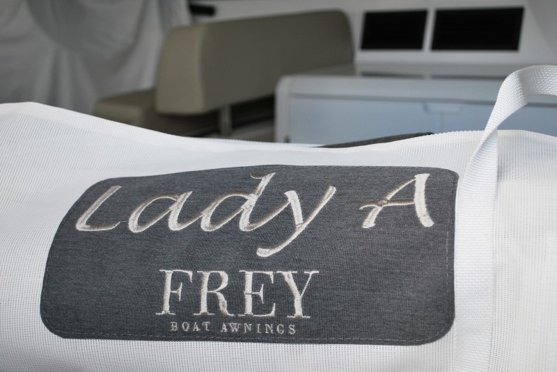 Personalising Lady A with new summer and winter yacht shades and windshield wiper covers. Easily stored in Frey Smart Storage Bag. Yacht staging and special embroidered frey decor add a specail touch.
