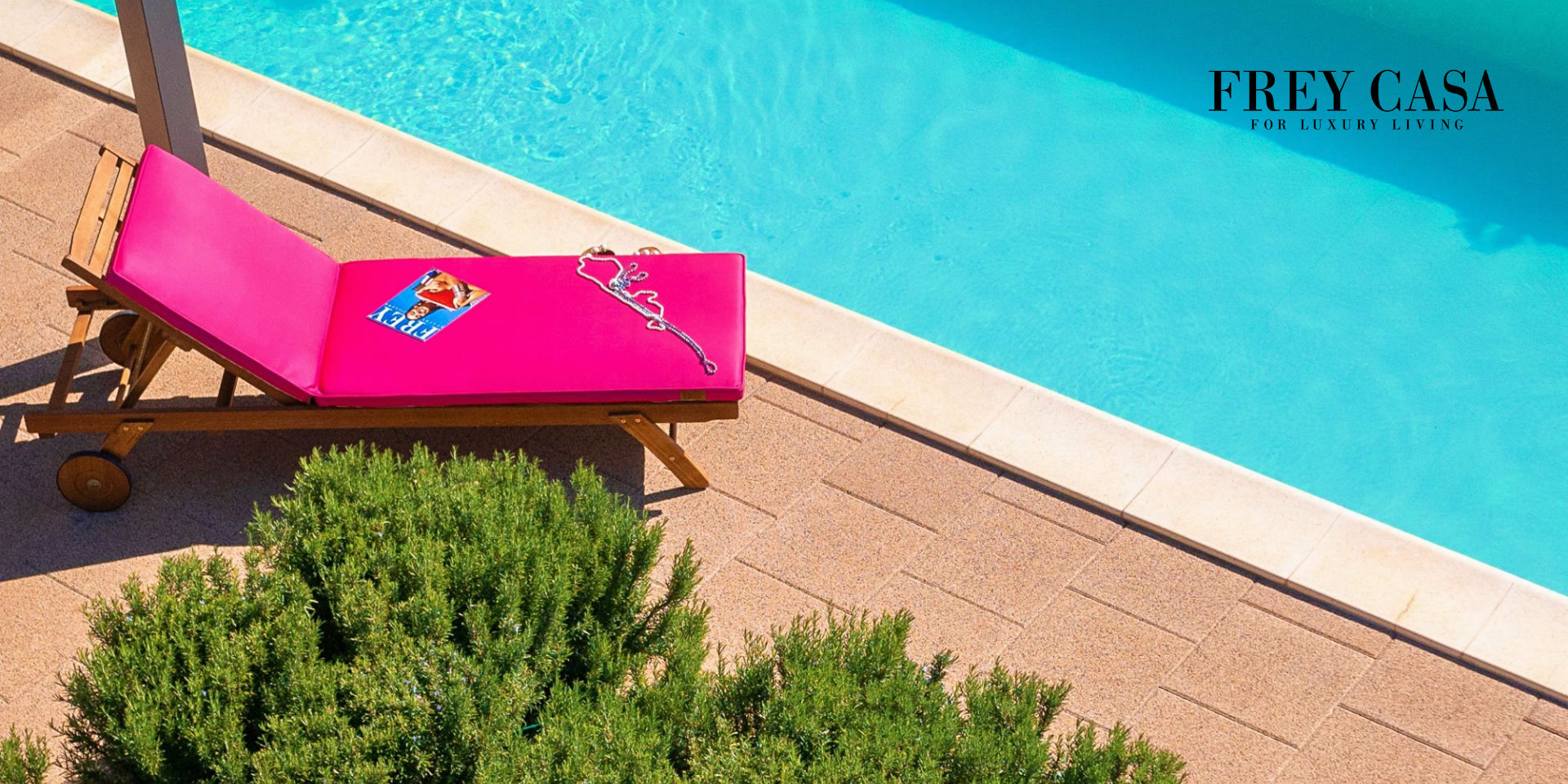 Water repellant, fadeproof, magenta Spradling fabric, the perfect solution for villa poolside lounger cushions by Frey Casa.
