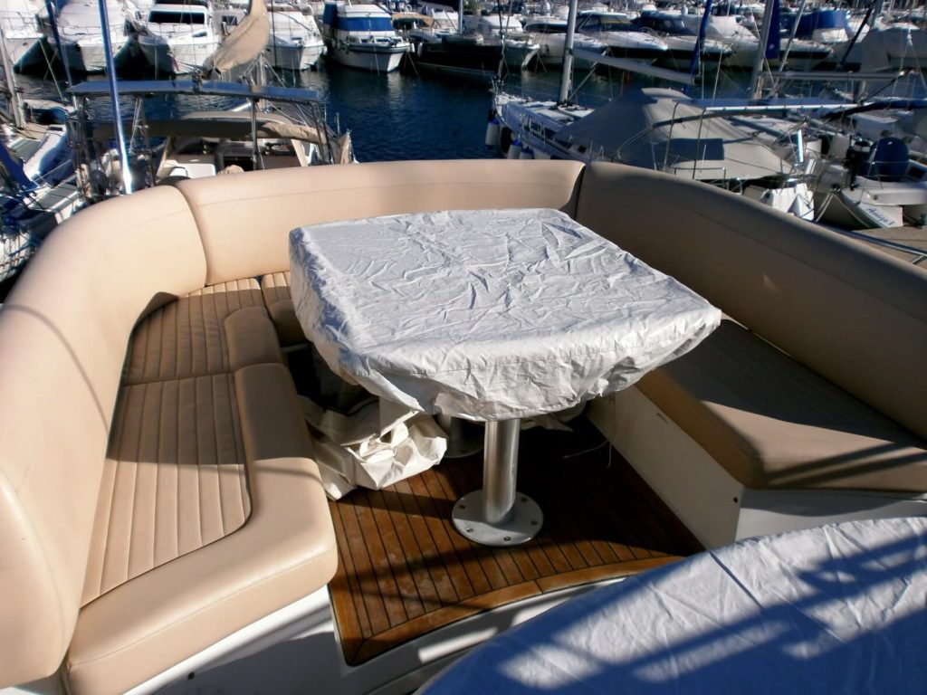 Sealine T-60 flybridge zone cushions before new re-fit upholstery by Frey.