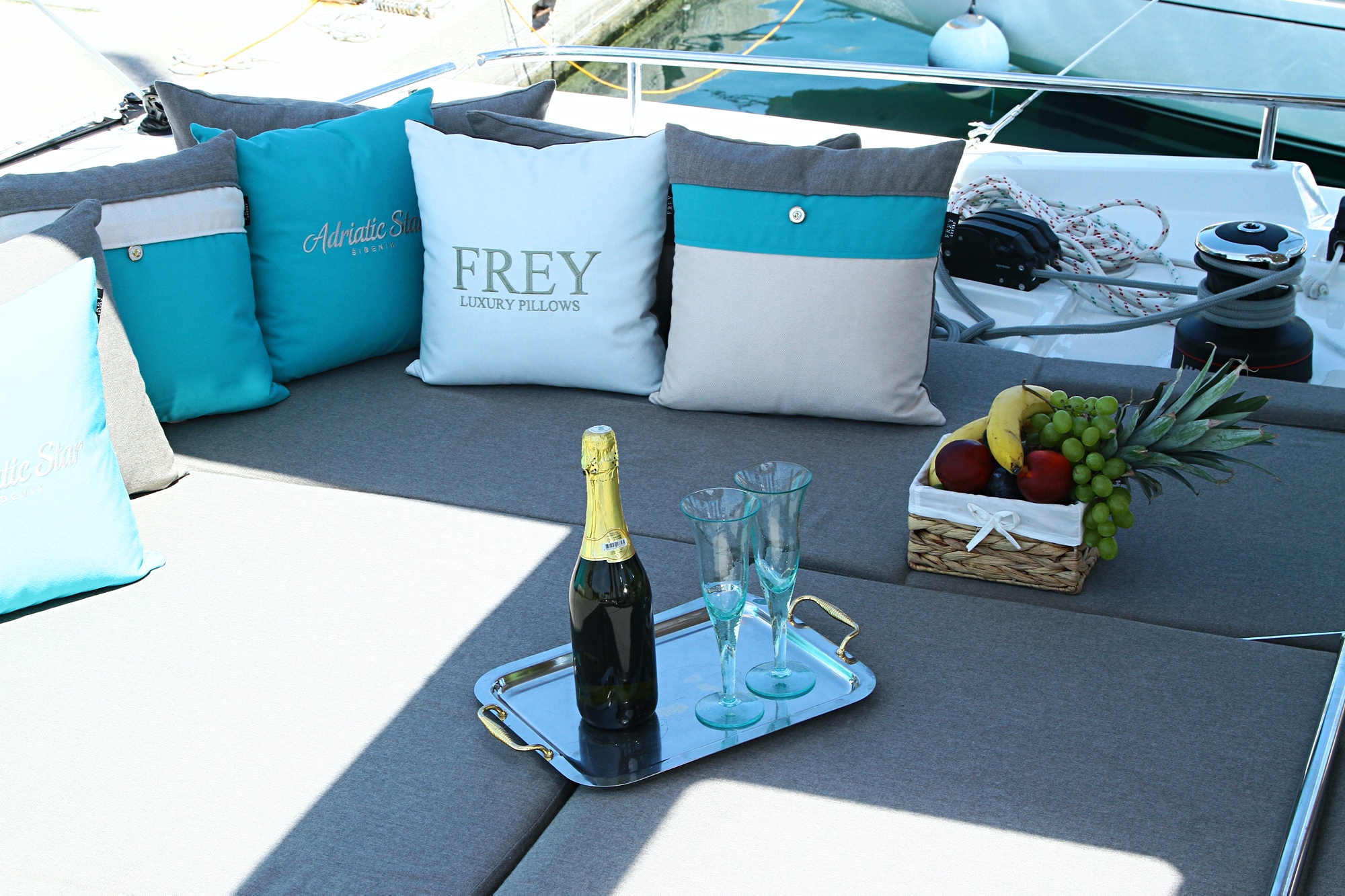 The secret to a pleasant & comfortable catamaran are Frey luxury products. Great while unwinding with a bottle of champagne.