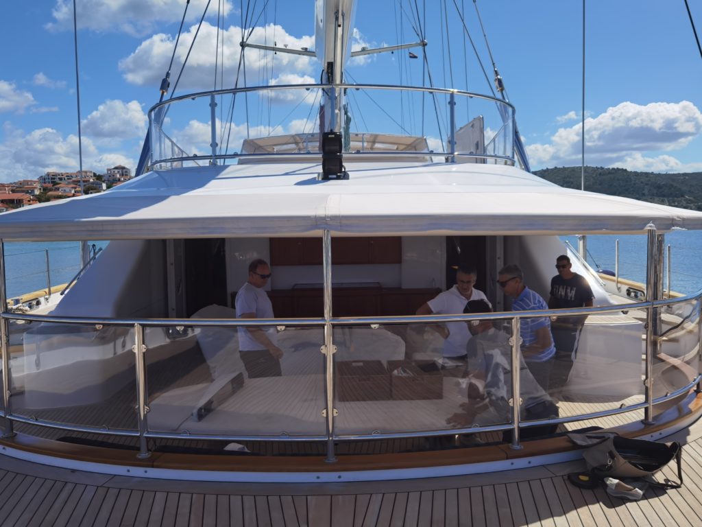Team Frey in consultation with owners of superyacht Perini Navi Burrasca, for new sprayhood and cockpit awning.