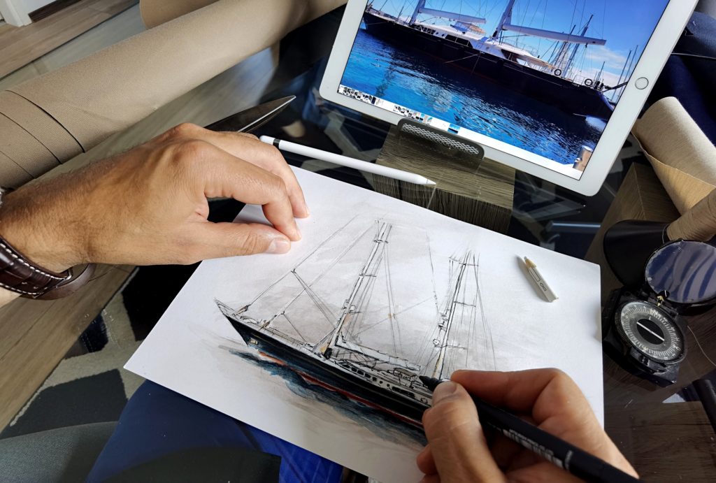 Frey sketch to invent a stronger fixing system for new flybridge sprayhood & cockpit awning for S/Y Burrasca by Perini Navi.