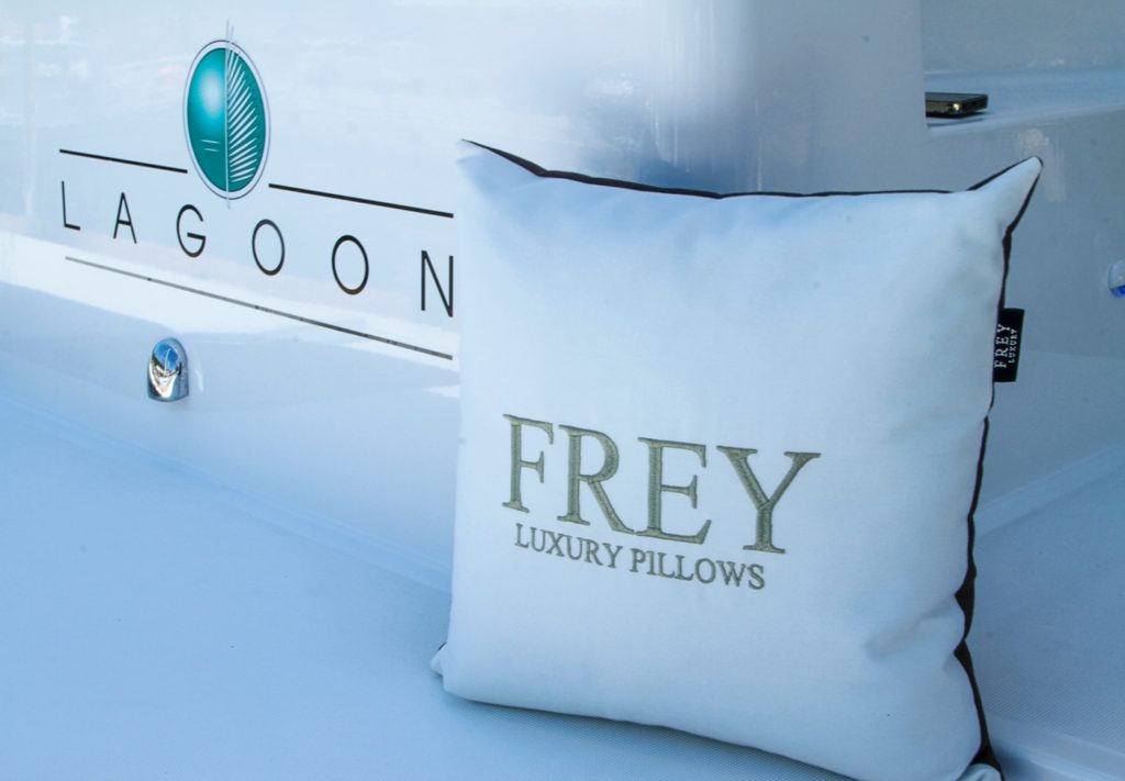 Frey Luxury Pillows are the perfect addition to compliment reupholstered cushions on the luxurious Lagoon 52 F catamaran.