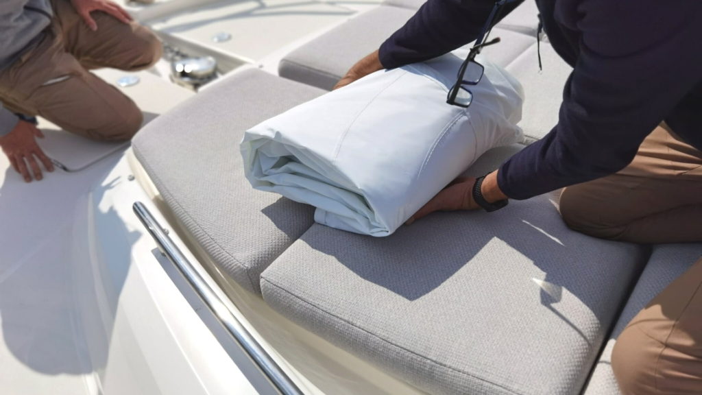 Frey Smart Storage Bags. A practical and 'easy to use' space saving solution for storing your yacht sunshades and awnings.