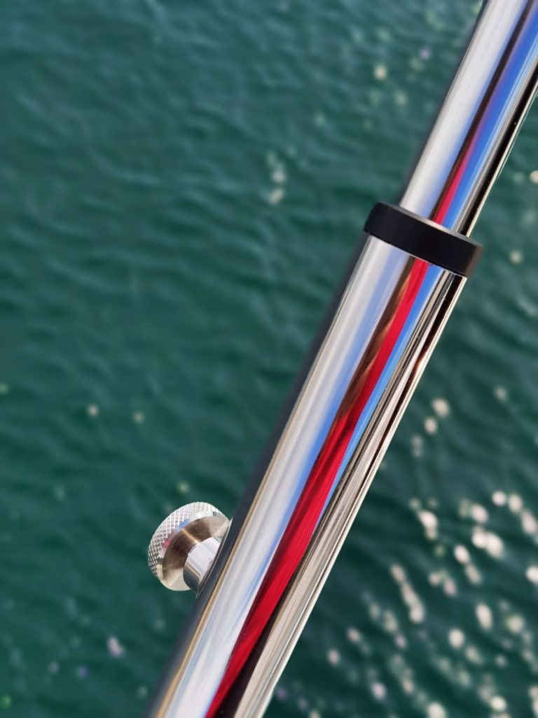 High quality special stainless steel pipes with adjustable tubes for custom sunshades over sundeck of the Prestige 460S yacht.