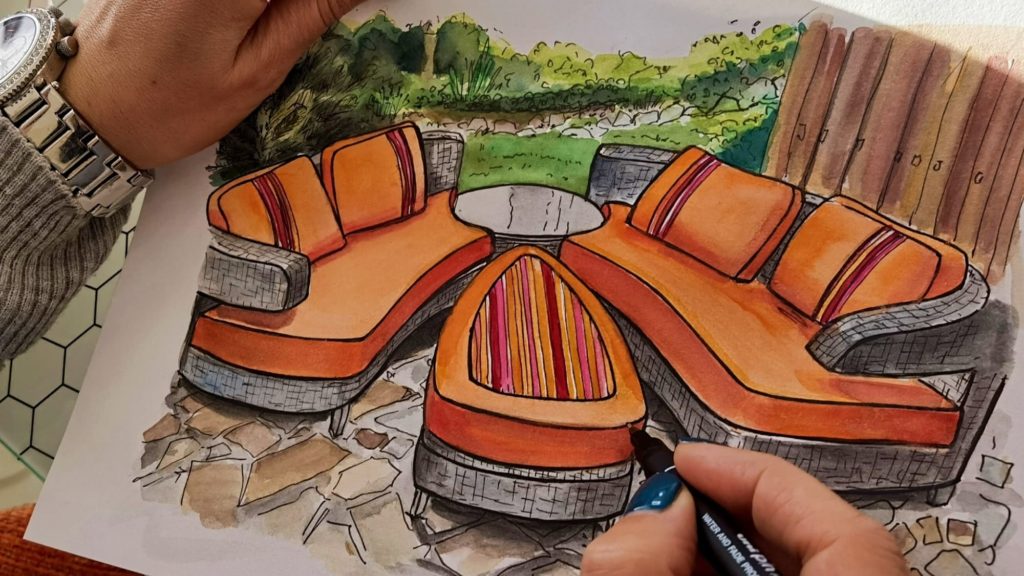 Frey sketch & visualise a beautiful garden oasis with new garden furniture cushions in sunset colours for an Austrian family.