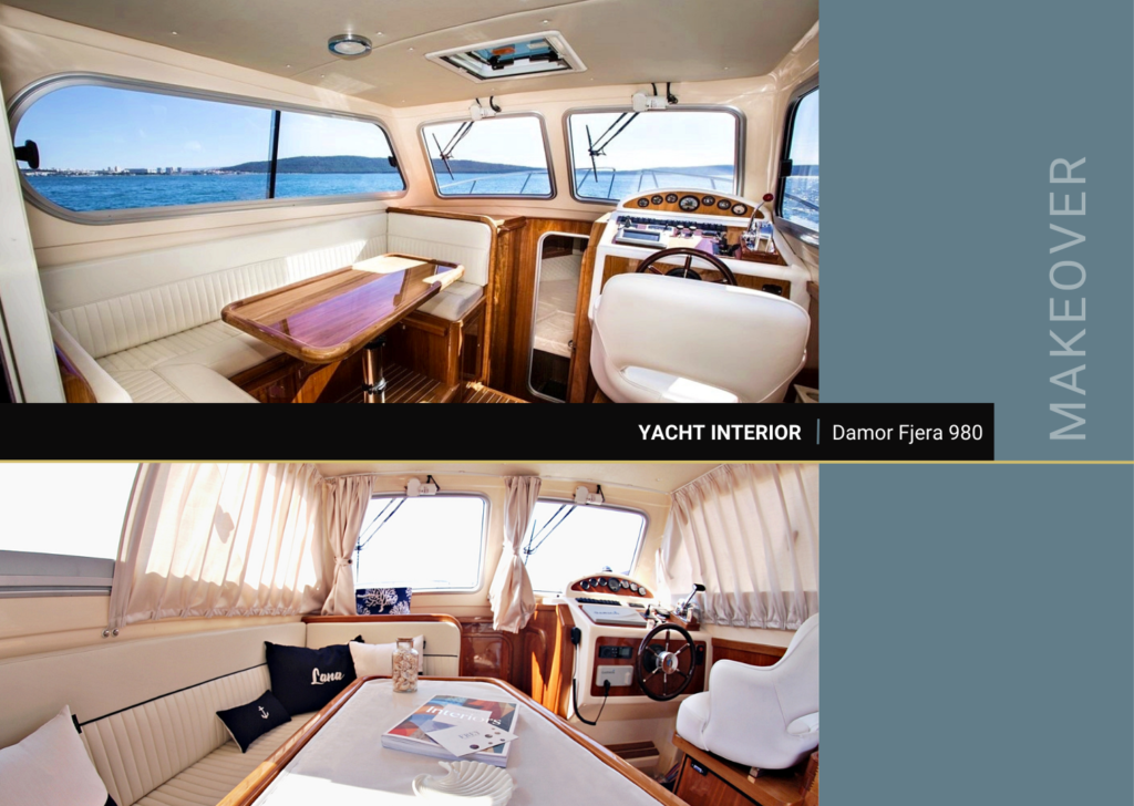 Before & after yacht interior by Frey, for Damor Fjera 980. Frey Luxury Pillows & luxury bespoke curtains for beautiful decor.