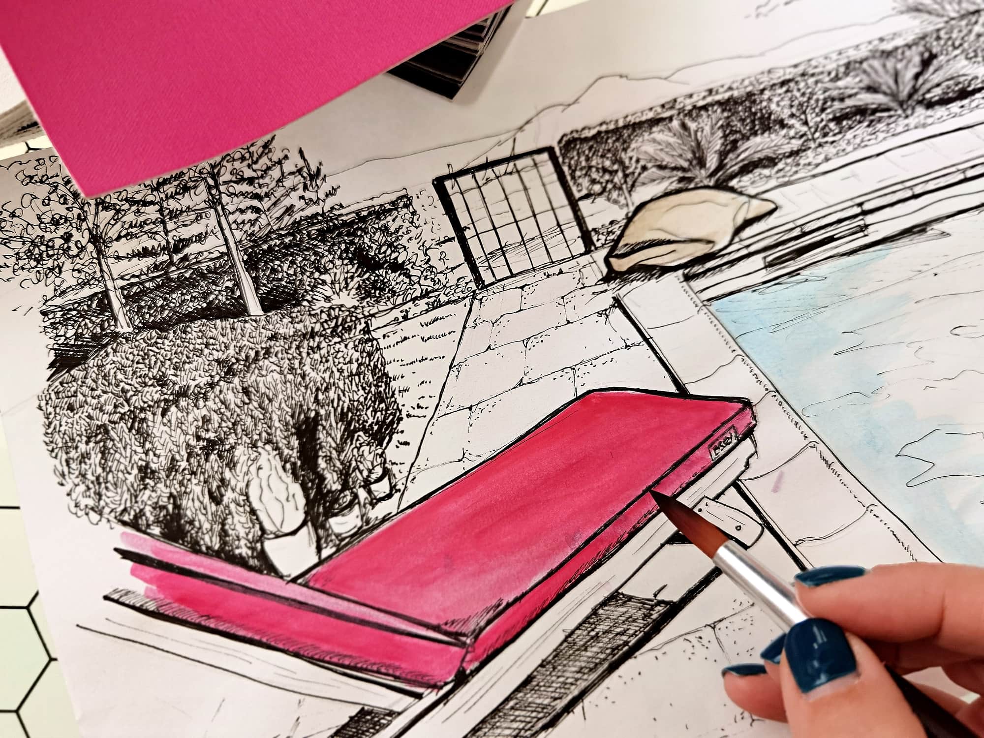 Frey individual sketch of premium, bespoke poolside sunbed cushions in magenta designed for comfort & your style by your pool.