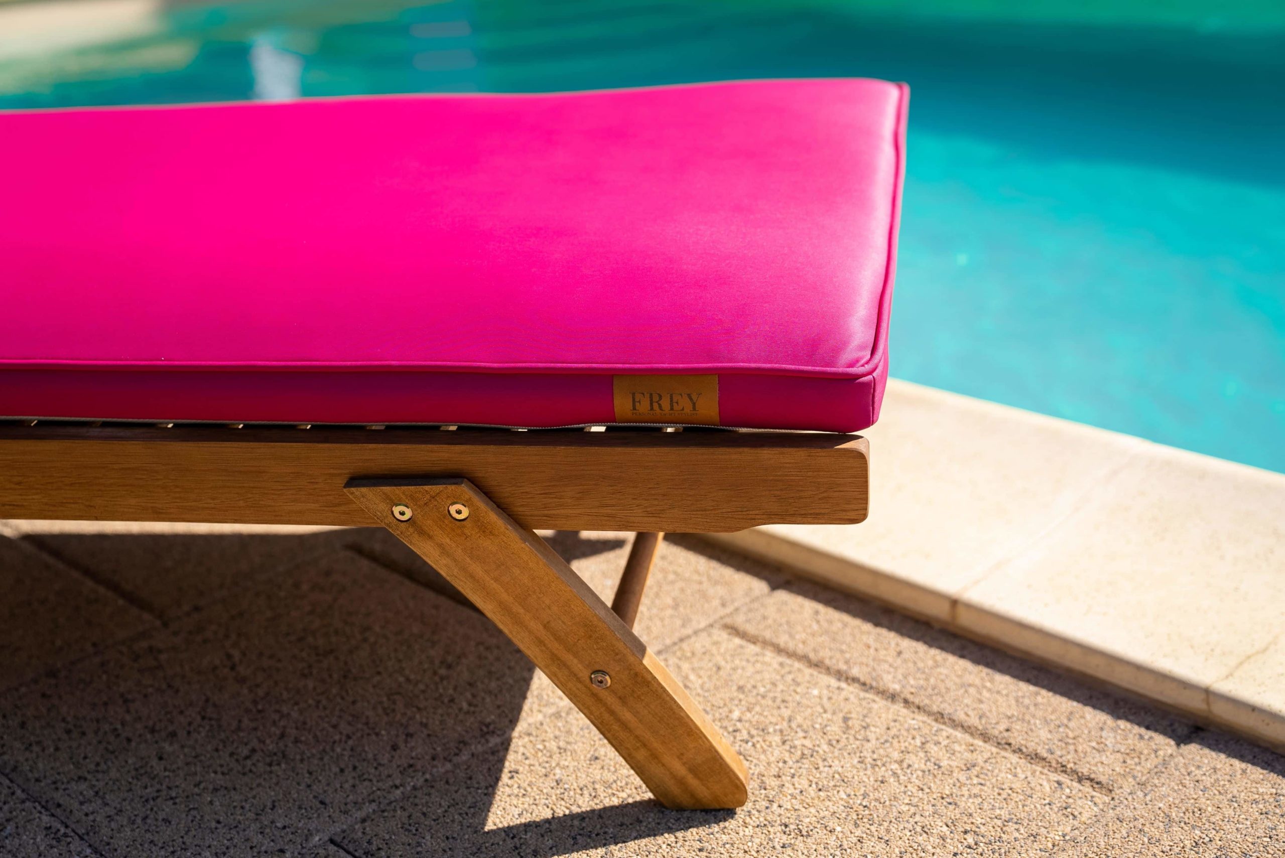 Exclusive magenta vinyl or acrylic fabric for your poolside sunbed loungers are UV/mildew resistant, always dry & fadeproof.