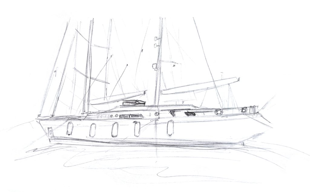 Frey Personal Yacht Stylist outline sketch for new concept sprayhood and cockpit awning for superyacht, Perini Navi Burrasca.