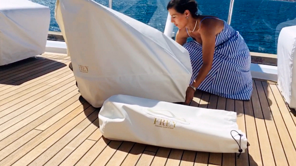 Easy to use Frey white protective, scratchproof deck furniture covers with smart storage bag, for San Lorenzo superyacht.