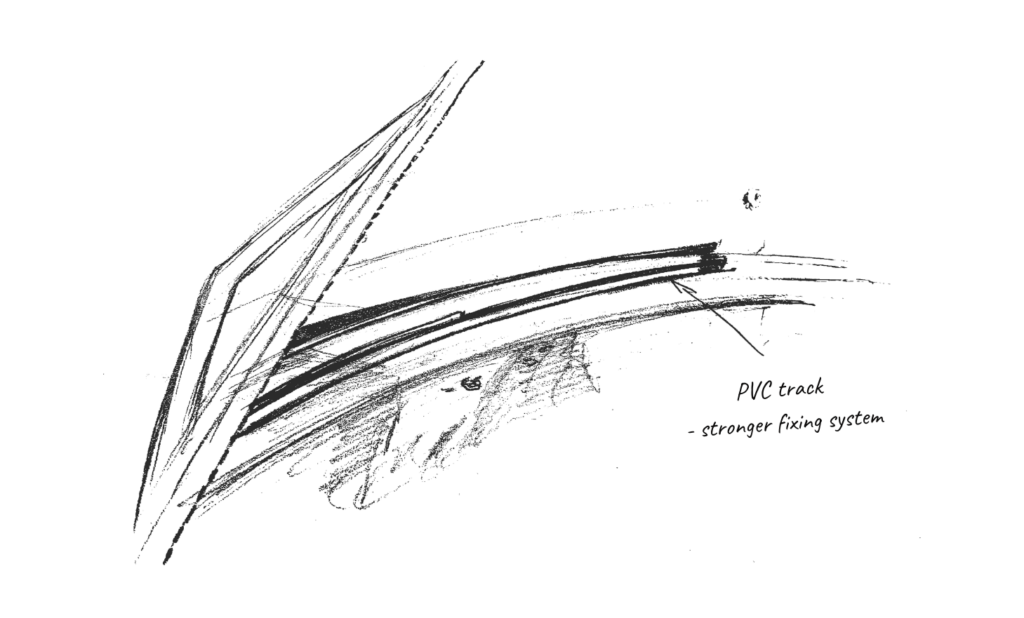 Frey sketch PVC track keder with tape for stronger fixing system of large sprayhood, to give stability against harsh weather.