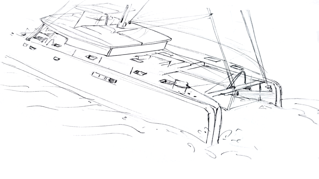 Frey initial sketch for completely new upholstery for yacht exterior lounge areas for Lagoon 52F 16m catamaran.