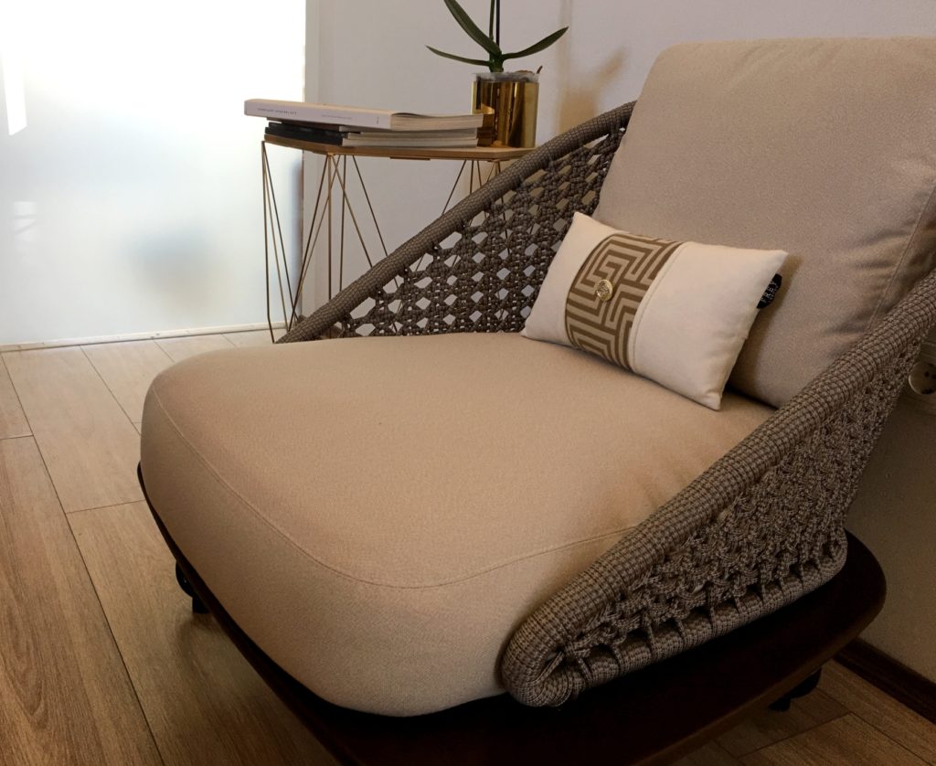 Minotti Rivera chair needs stylish protective cover custom made by Frey. Frey Luxury Pillow compliments sand colour cushions.