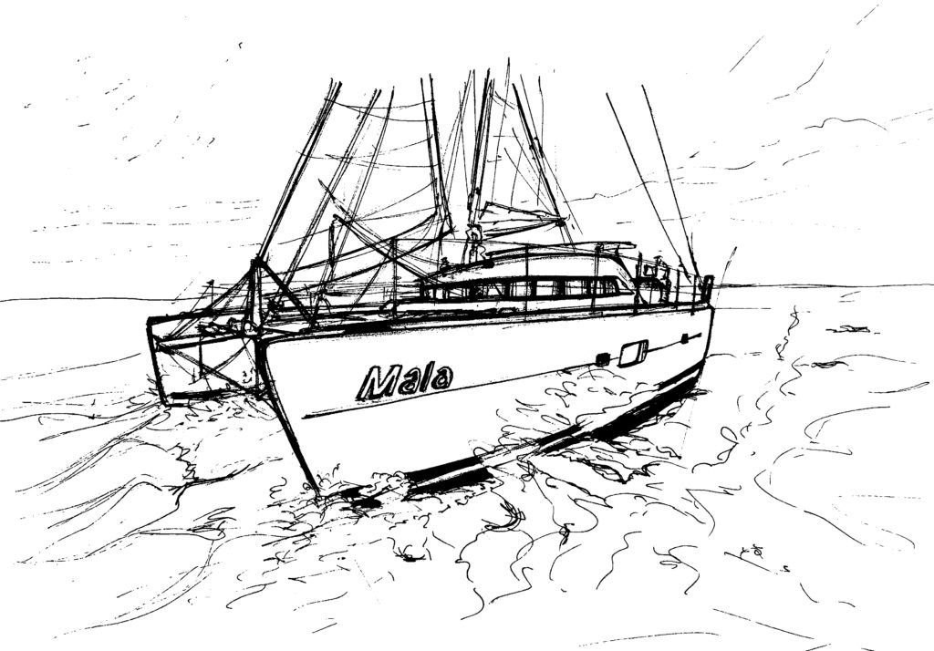 Personalising Lagoon 570 catmaran, Mala, with a Frey black and white visualisation sketch.