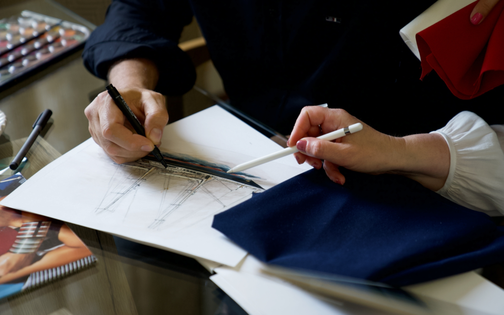 Frey yacht stylist team, creatively visualise ideas with sketches, colours & fabric choice for a new impressive yacht project.