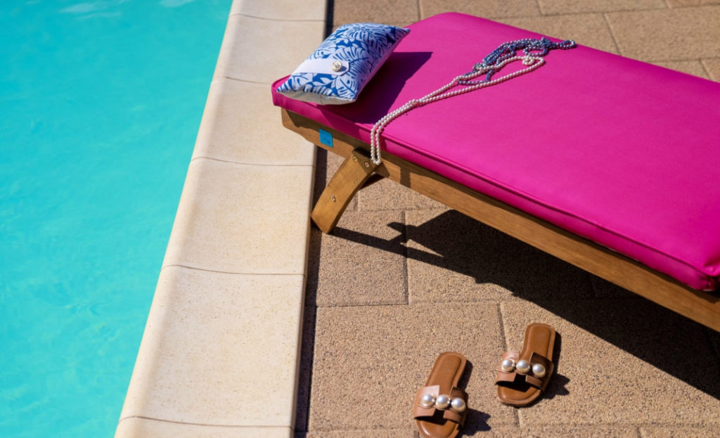 Waterproof, magenta poolside deck lounger cushions & Frey luxury pillow in Hawaii pattern, designed for your best moments.