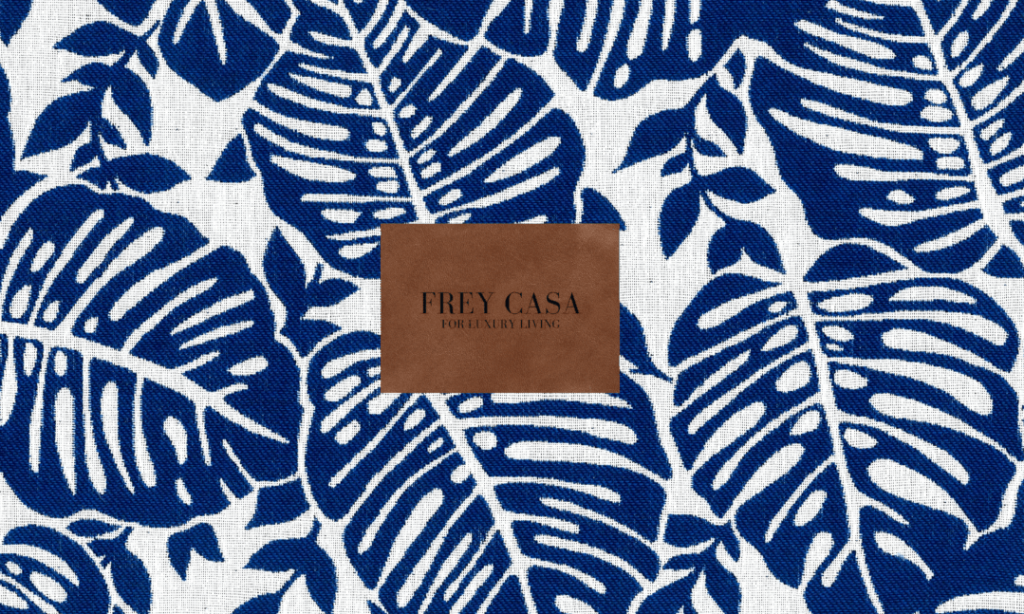 Stain resistant, anti-mildew outdoor fabric from Hawaii collection. Washable, reversible fabric in blue & white palm print.