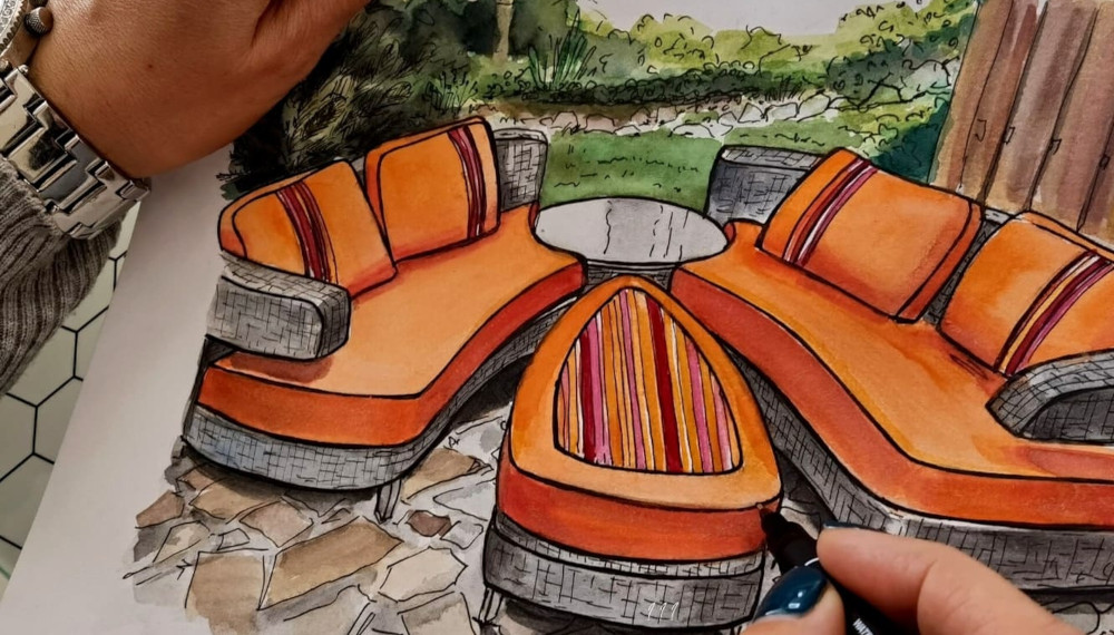 Frey sketch & visualise a beautiful garden oasis with new garden furniture cushions in sunset colours for an Austrian family.