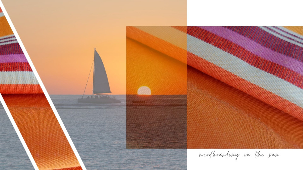 Frey moodboard with durable bold orange fabric with stripes that reflect the rich orange tones of the Croatian sunset & sea.