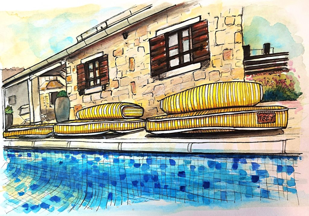 A Frey visual to uplift guest house, poolside recreation area, at Villa Stella, with yellow stripe water-repellant cushions.