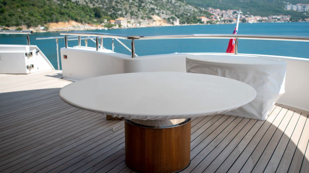 Perfect fit protective deck table and bar covers. Ultimate, quality protection on your megayacht against strong wind and rain.