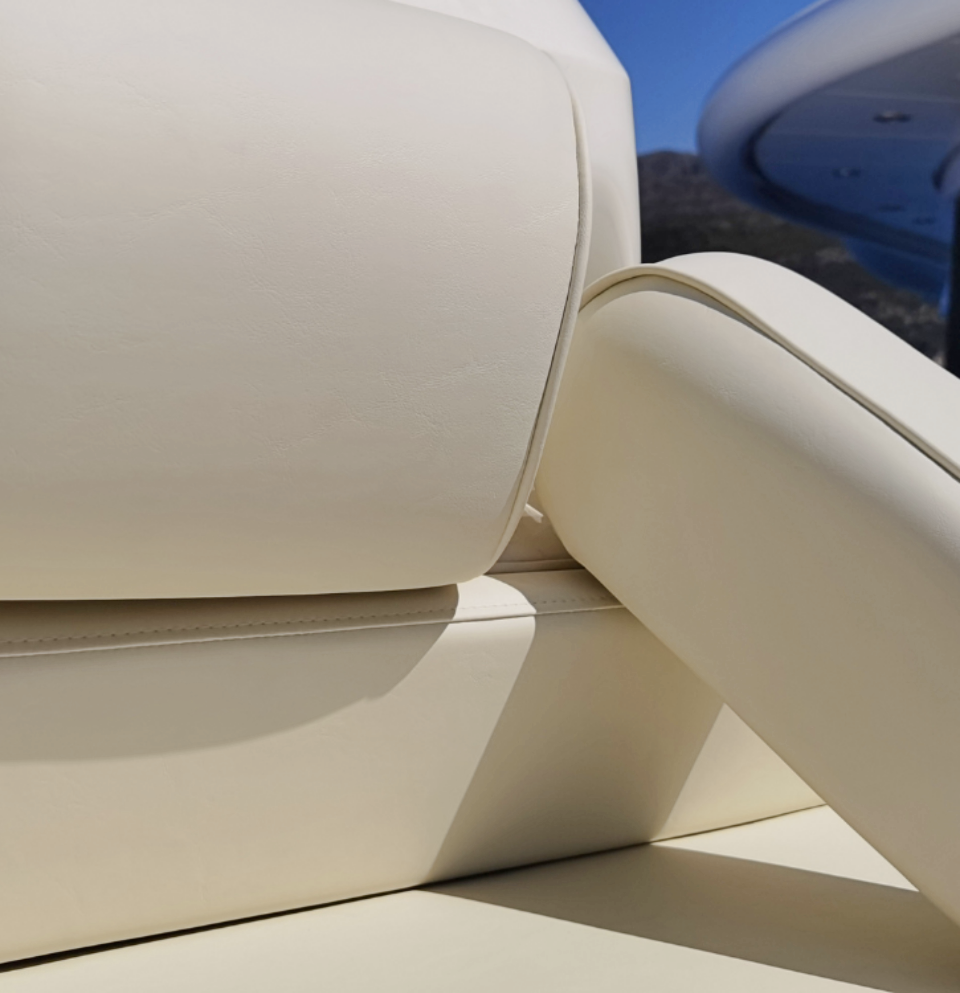 Frey used a gentle ivory, marine fabric by Spradling, for a timeless look in the restyling of Williams superyacht jet tender.