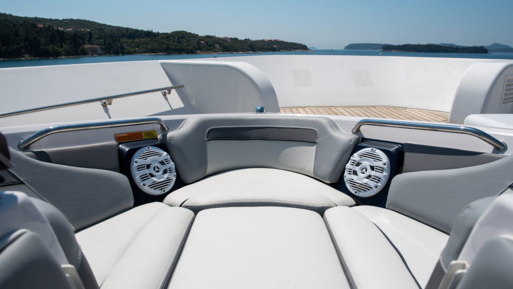 Superyacht tender Sport Nautique 200 reupholstered in 3 colours and texture combinations for sporting elegance and comfort.