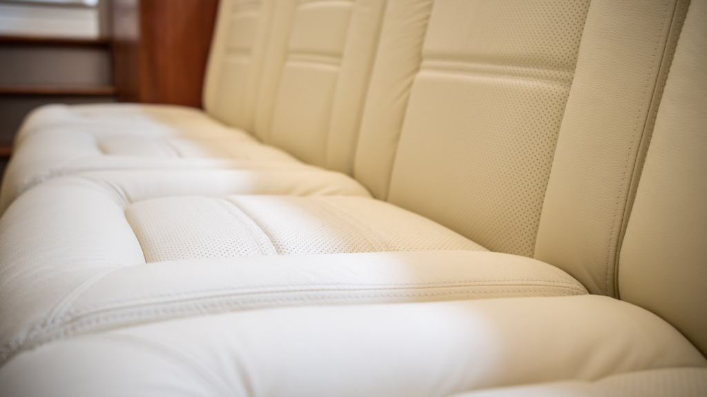 Re-upholstered soft, luxurious genuine leather in ivory colour for Vikal Hybrid limousine reupholstered seating by Frey.