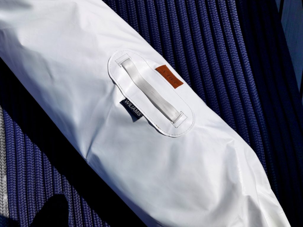 Space saving solution with white Frey Smart Storage Bag. Simply store superyacht tender covers, for all year protection.