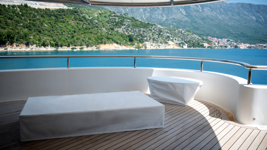 Protective covers for superyacht aft deck furniture are anti-bacterial, mildew resistant, scratch proof and are UV resistant.