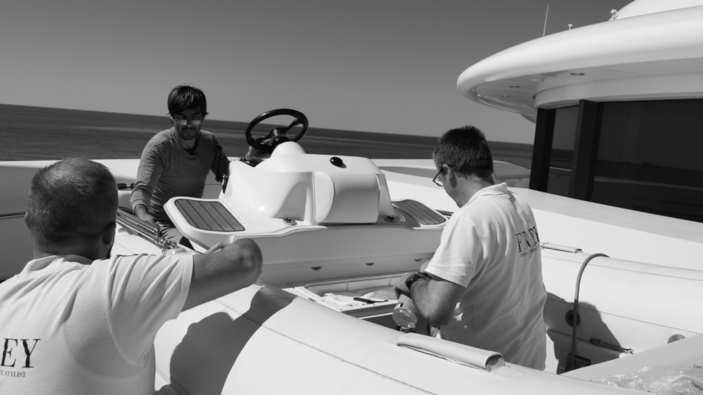 Team Frey install refit cushions in ivory for main console seat & console backrest of Williams jet tender on M/Y Al Mirqab.