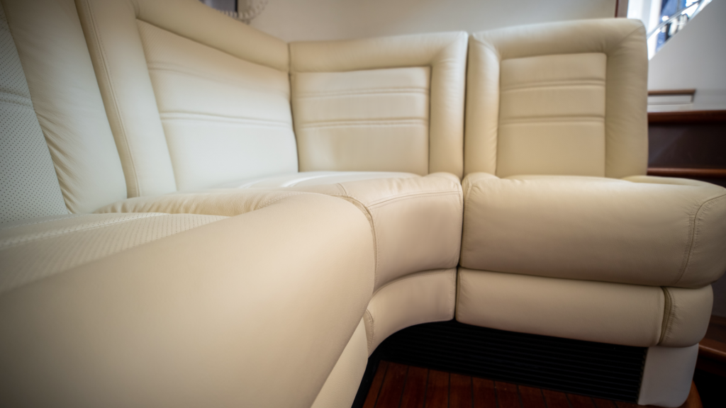 Leather interior cushions for Vikal 12m limousine tender. Cushions made to the requested original design of superyacht.