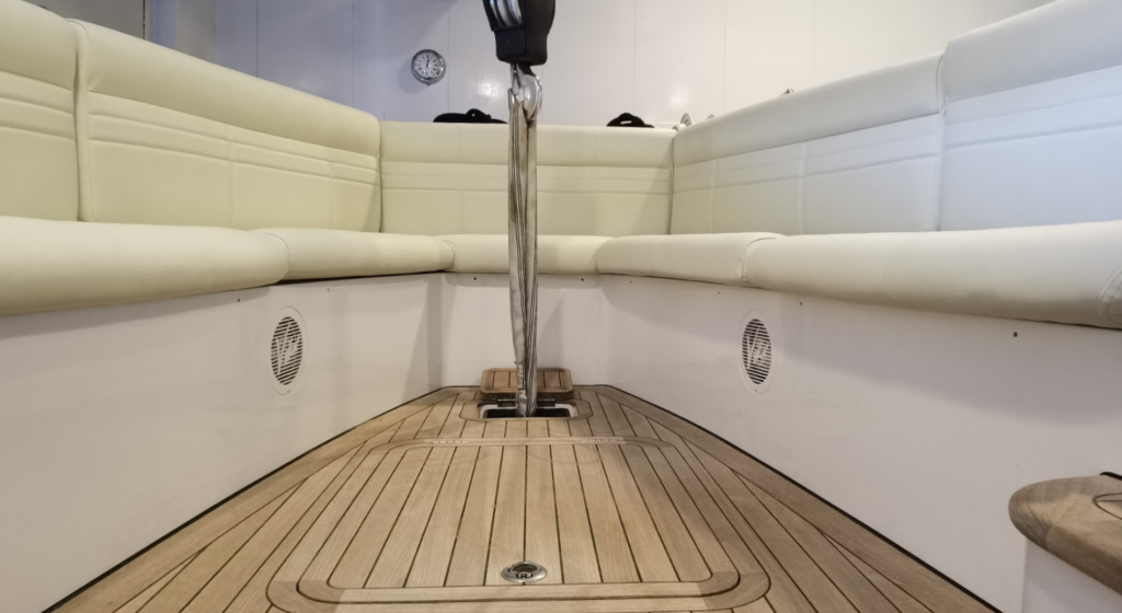 Complete refit exterior cushions in ivory vinyl for forward outside seating of superyacht tender Vikal Hybrid Limousine 12m.