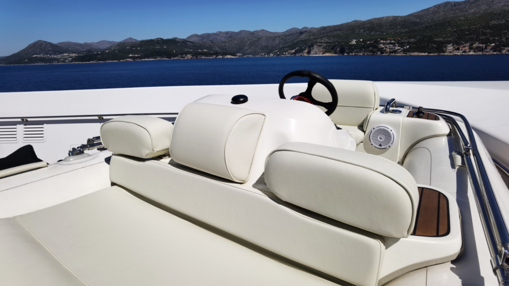 Luxury & comfort on main console seat & backrest, reupholstered by Frey for Williams jet tender on board M/Y Al Mirqab, 133m. 