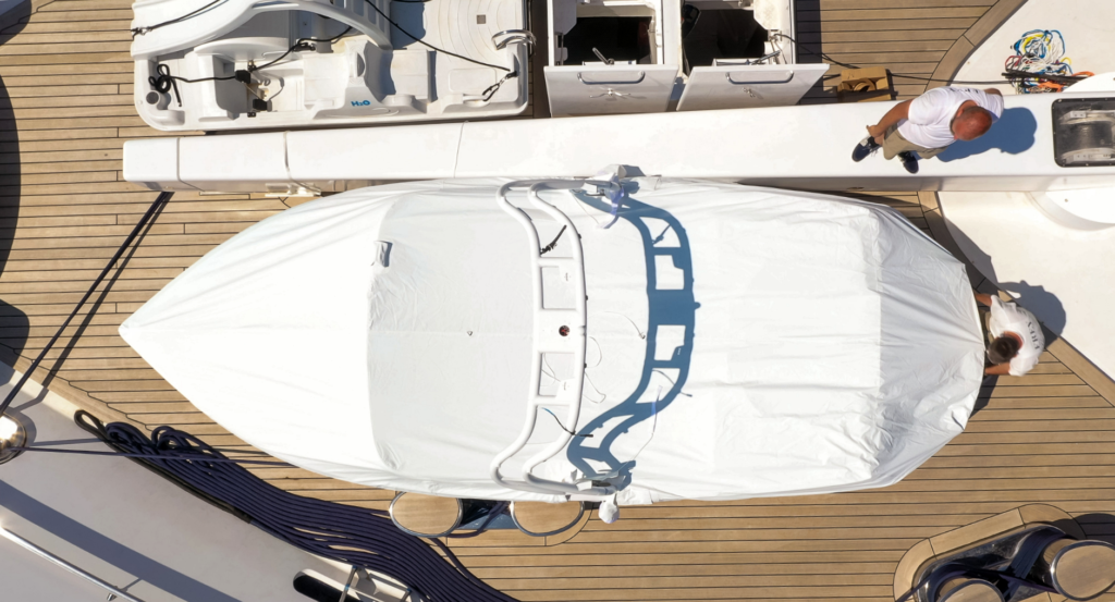 Frey install high-end white performance awnings for Al Mirqab superyacht tenders. Easy to use, perfect fit protective covers.