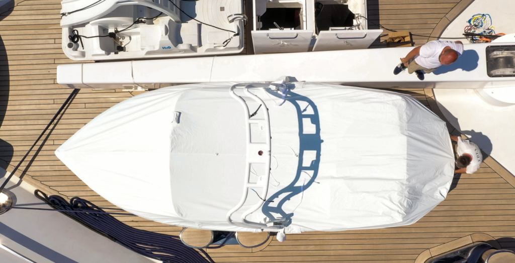 Frey install high-end white performance awnings for Al Mirqab superyacht tenders. Easy to use, perfect fit protective covers.