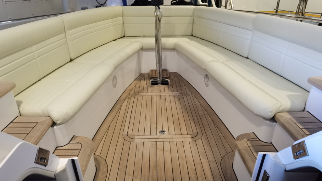 Refit exterior cushion upholstery for Vikal Hybrid, made to exact original specifications using high quality marine fabric.